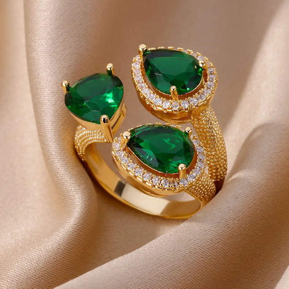Green Zircon Water Drop Flower Rings for Women Open Stainless Steel Cubic Zirconia Finger Ring Jewerly Gift Anillos Mujer