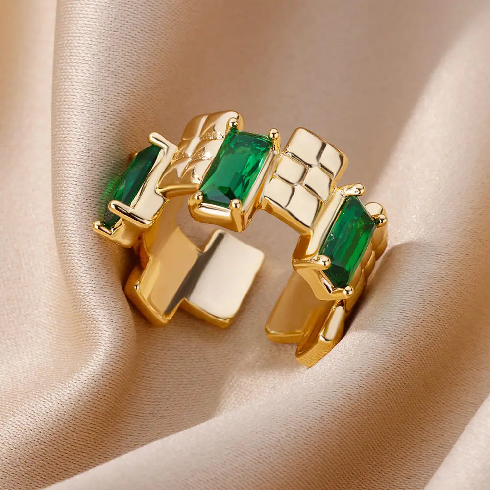 Green Zircon Water Drop Flower Rings for Women Open Stainless Steel Cubic Zirconia Finger Ring Jewerly Gift Anillos Mujer