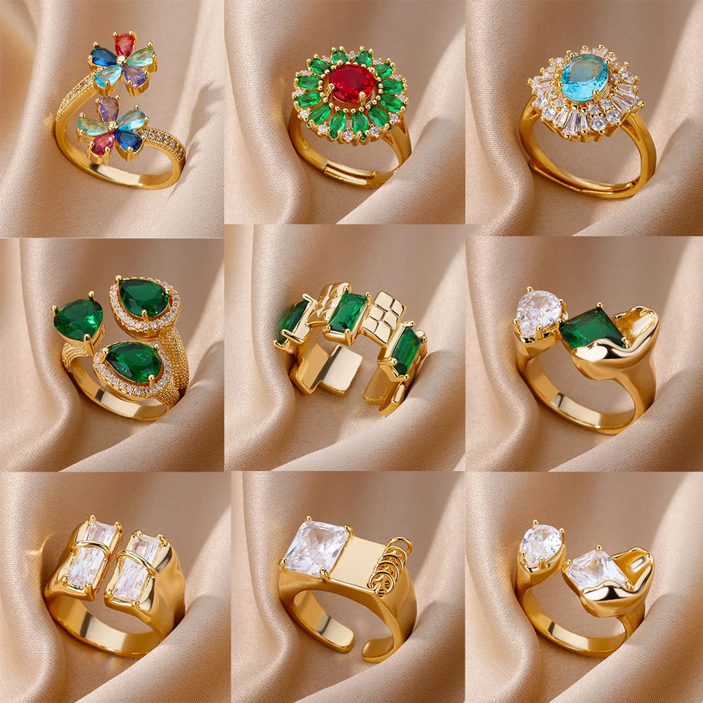 Green Zircon Water Drop Flower Rings for Women Open Stainless Steel Cubic Zirconia Finger Ring Jewerly Gift Anillos Mujer