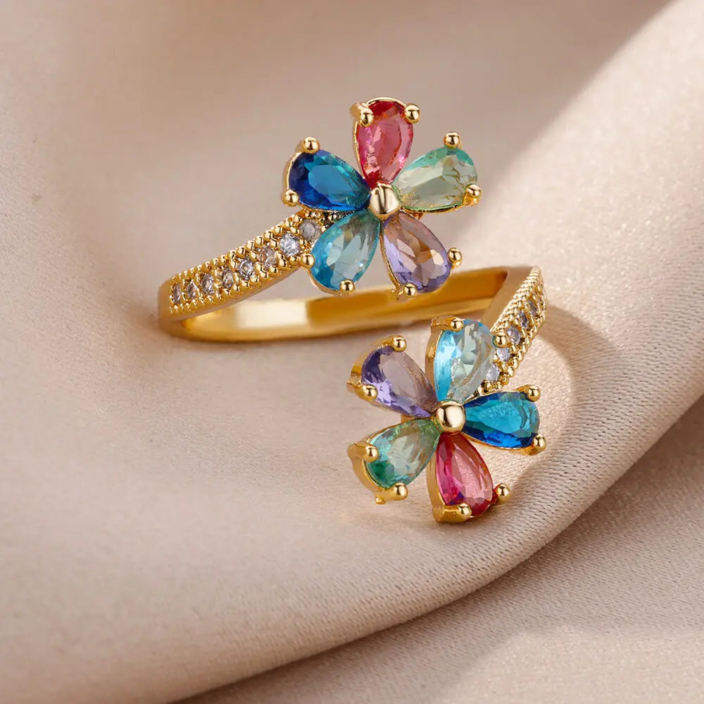 Green Zircon Water Drop Flower Rings for Women Open Stainless Steel Cubic Zirconia Finger Ring Jewerly Gift Anillos Mujer