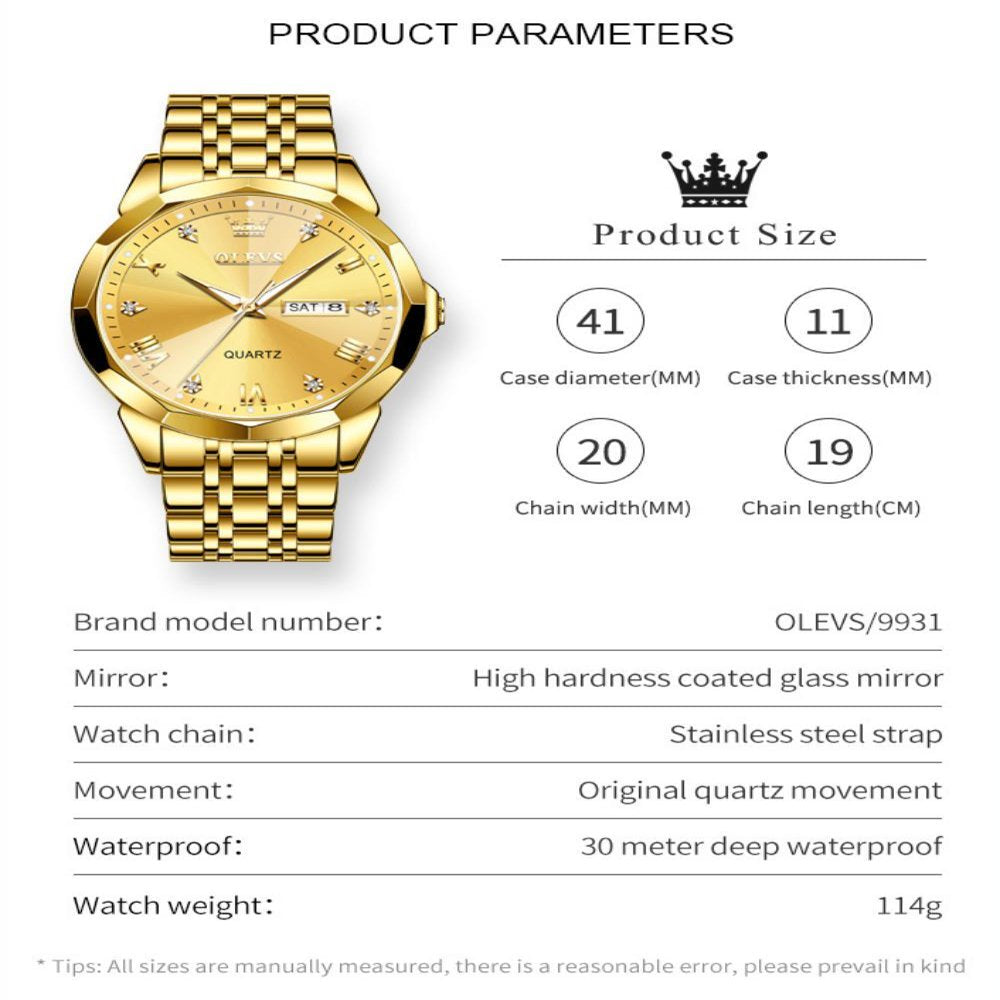Stainless Steel Date Quartz Watch Waterproof Luminous, Gifts for Men, Adult Male Wristwatch