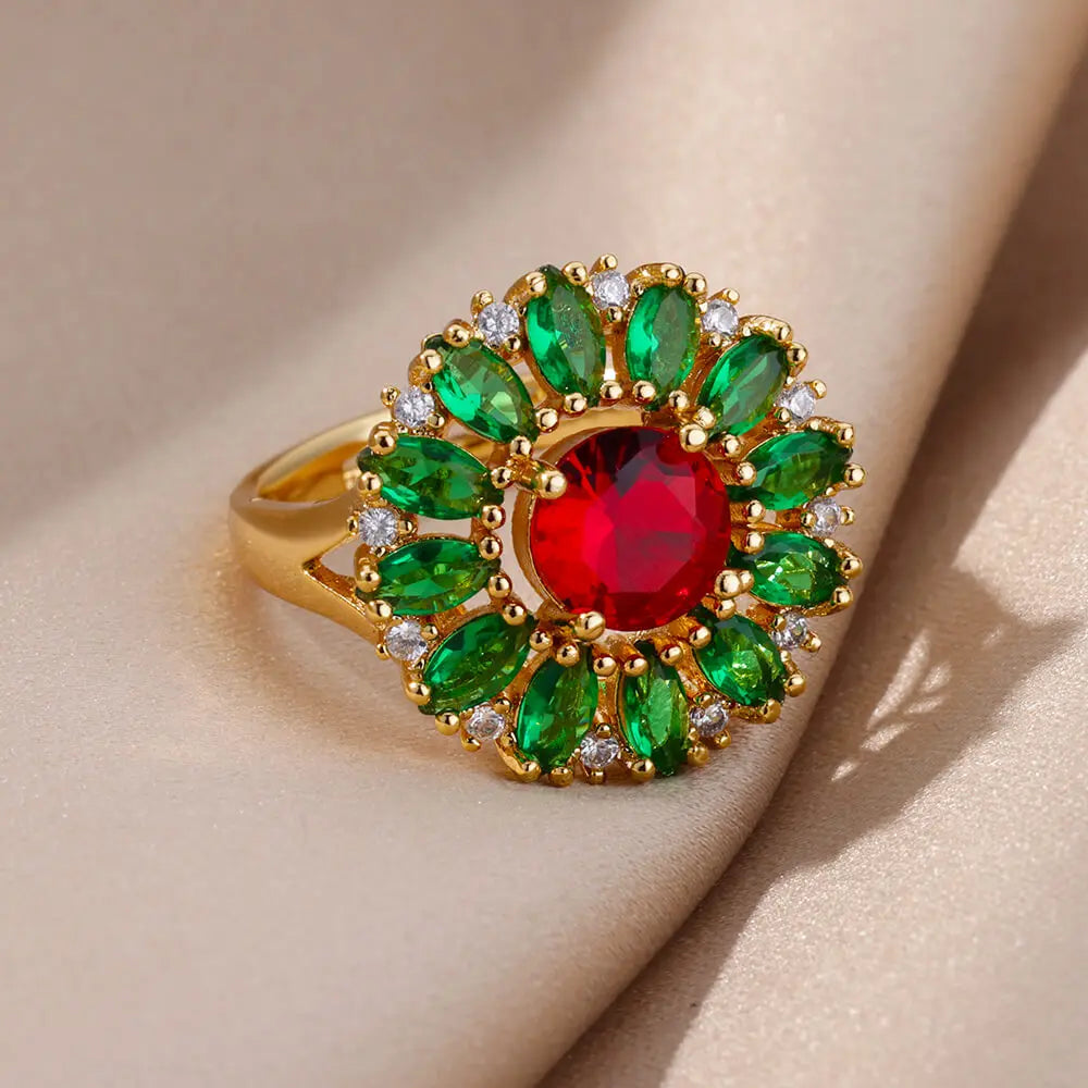 Green Zircon Water Drop Flower Rings for Women Open Stainless Steel Cubic Zirconia Finger Ring Jewerly Gift Anillos Mujer