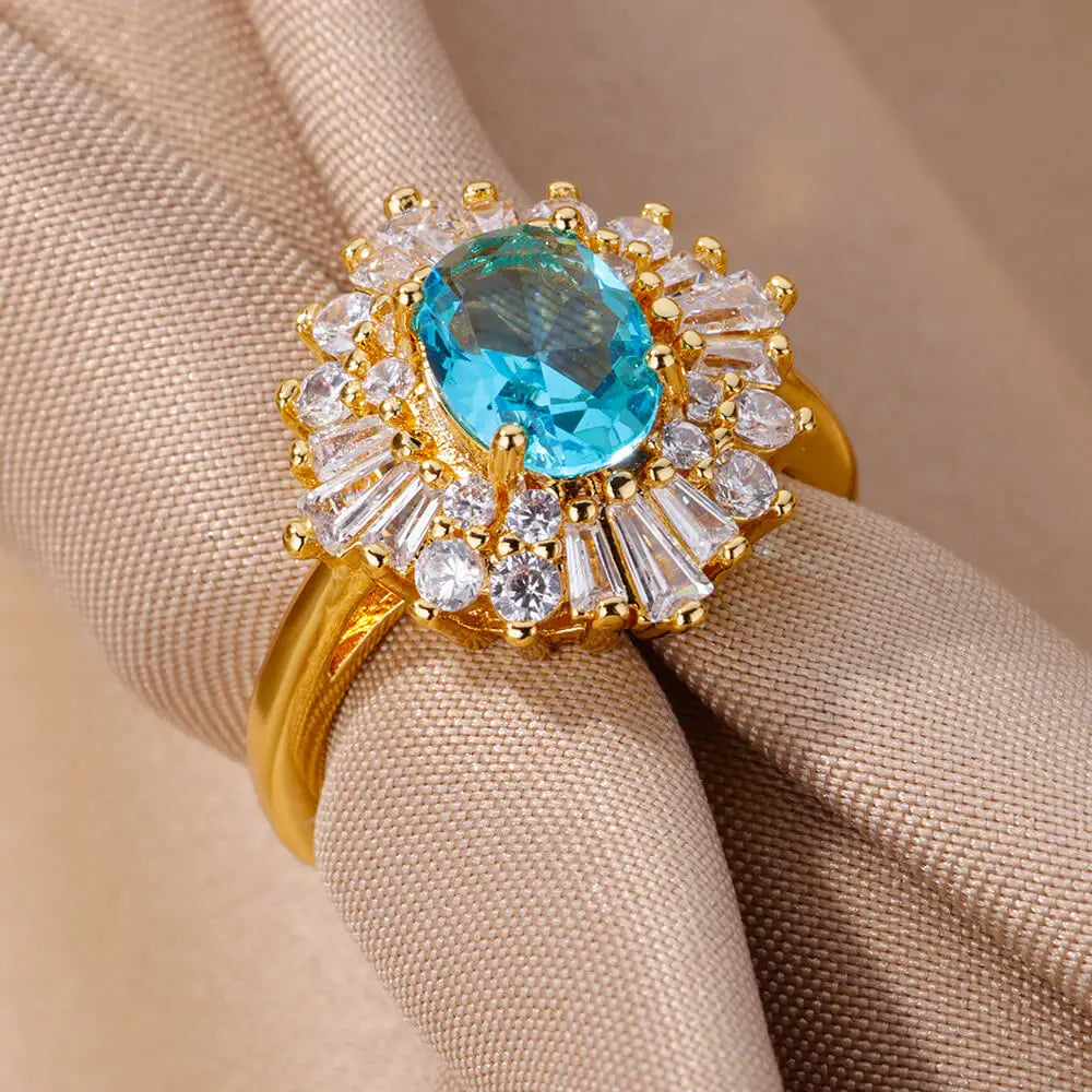 Green Zircon Water Drop Flower Rings for Women Open Stainless Steel Cubic Zirconia Finger Ring Jewerly Gift Anillos Mujer
